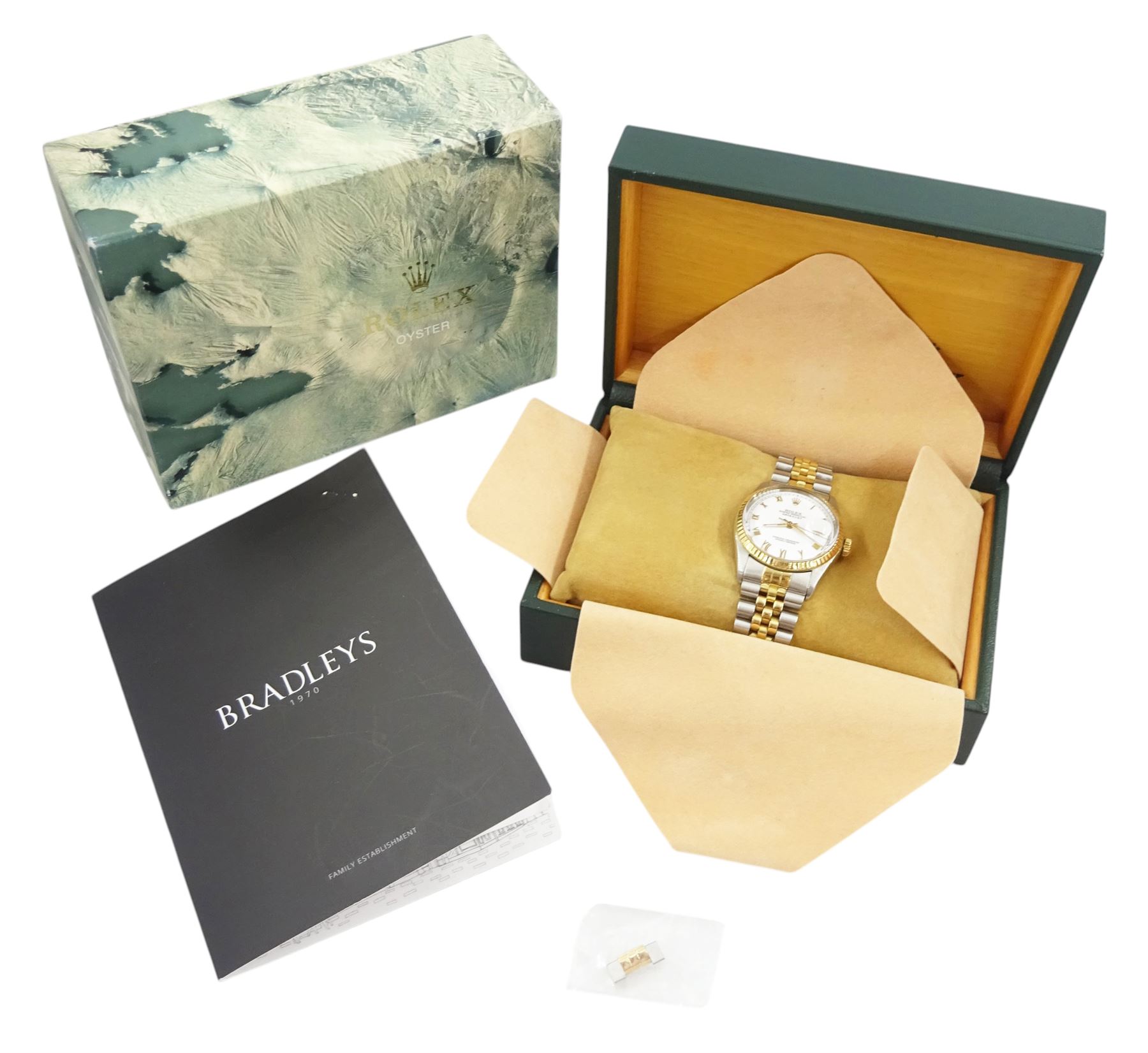 Rolex Oyster Perpetual Datejust gentleman's gold and stainless steel automatic wristwatch, circa 1987, Ref. 16253, serial No. 9871038, white dial with Roman numeral hour markers and date aperture, on gold and stainless steel Jubilee bracelet, with fold-over clasp