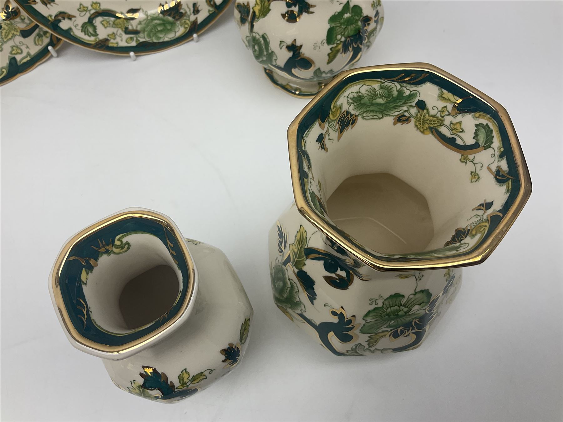 Collection of Masons Ironstone Chartreuse pattern, to include clock, six teacups, twin handled dish, ring dish, plates vases, etc, many with original boxes, clock H24cm 