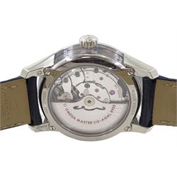 Omega De Ville Hour Vision gentleman's stainless steel automatic wristwatch, Cal. 8900, Ref. 433.33.41.21.03.001, serial No. 87712187, blue dial with date aperture, on original blue leather strap and stainless steel foldover clasp, boxed with papers and warranty card dated 2020