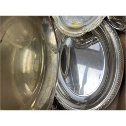 Quantity of silver plate and other metal ware, including sugar caster, tureens, serving dishes, pair of candelabra etc, in two boxes 