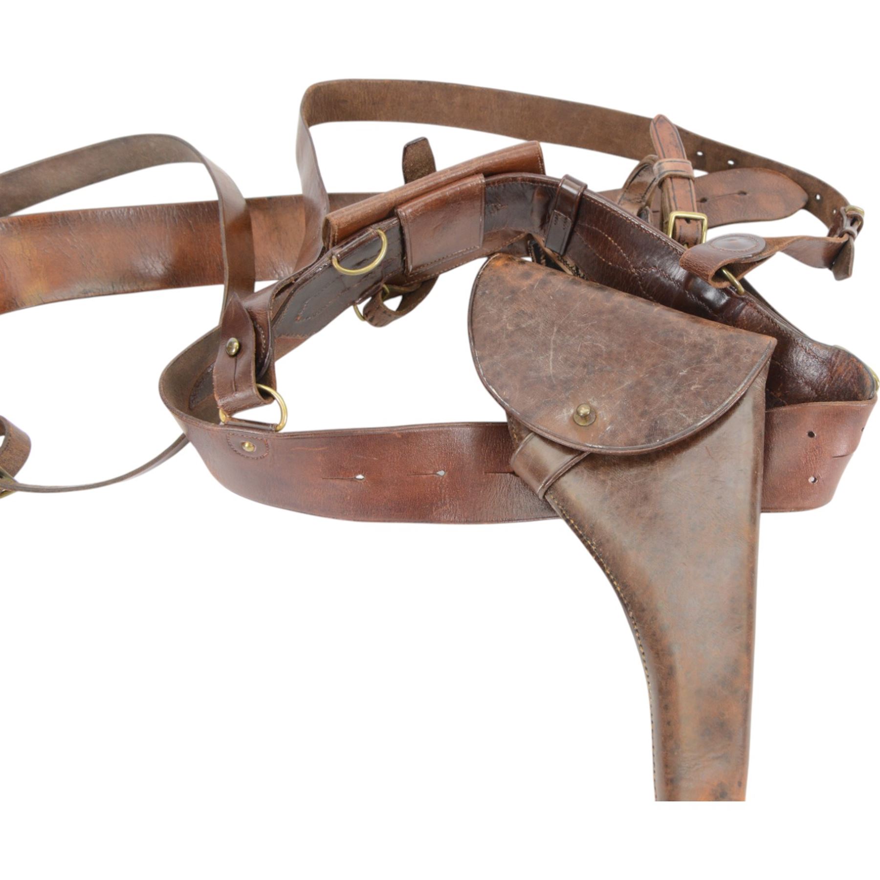 Officer's Sam Browne brown leather belt, with ammunition patch and pistol holder, together with another belt with sword frog