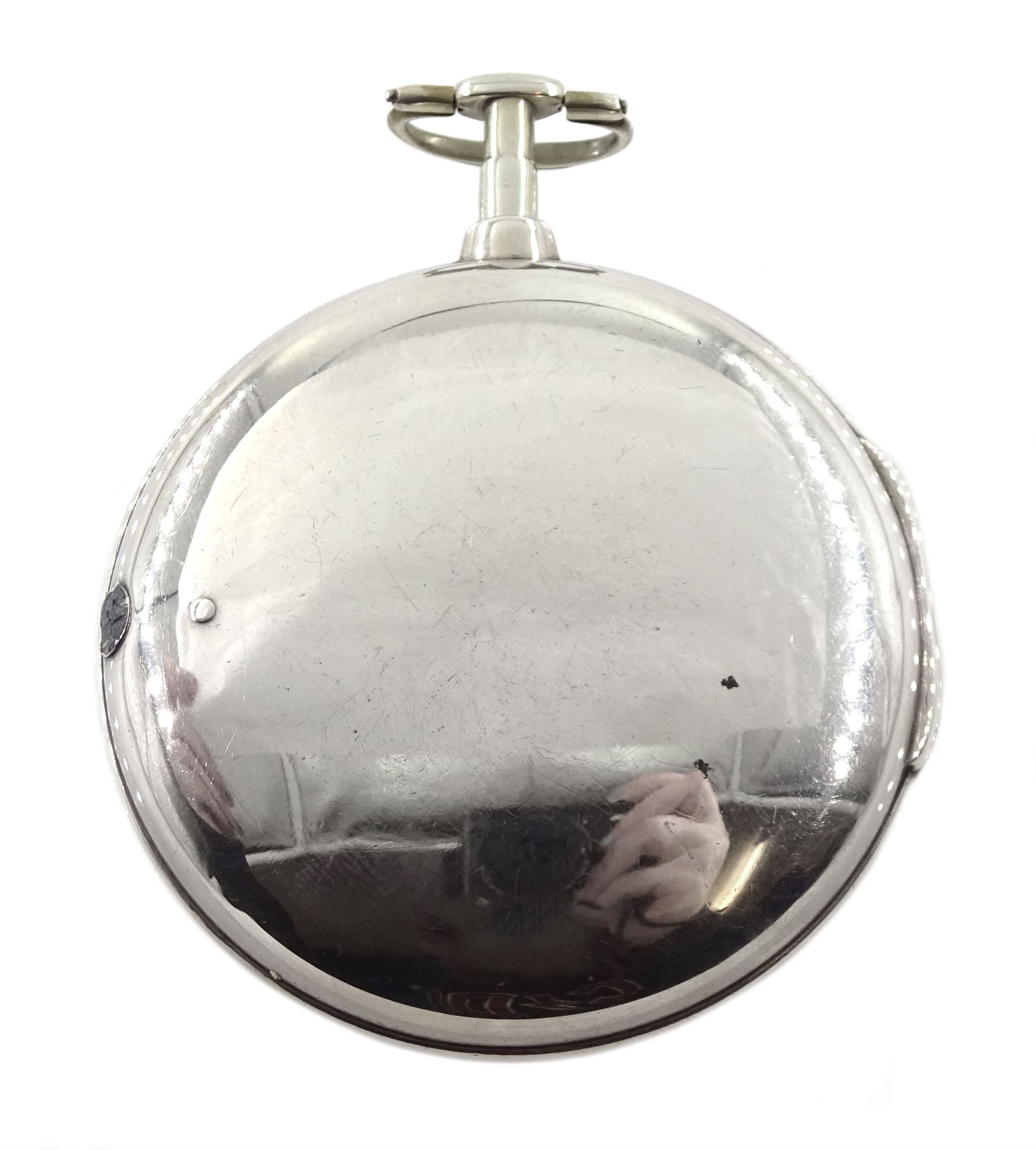 George III silver pair cased verge fusee doctors pocket watch by Charles Vincent, London, No. 393, round pillars, engraved balance cock decorated with a mask, stop/work lever, two intersecting dials with Arabic numerals, case makers mark I C, London 1802