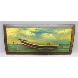 Late 19th century half block model of the Coble 'Henrietta' in a painted seascape within scumbled frame, indistinctly inscribed verso, W65.5cm, H30cm  
