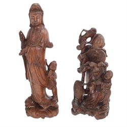 Chinese temple bell, brass bell decorated in relief with dragon on a carved hardwood stand, together with a cast resin figure of Buddha and two carved wooden figures, bell stand H47cm