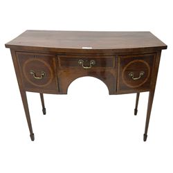 19th century inlaid mahogany bow-front sideboard, satinwood banded top over three drawers, on square tapering supports with spade feet