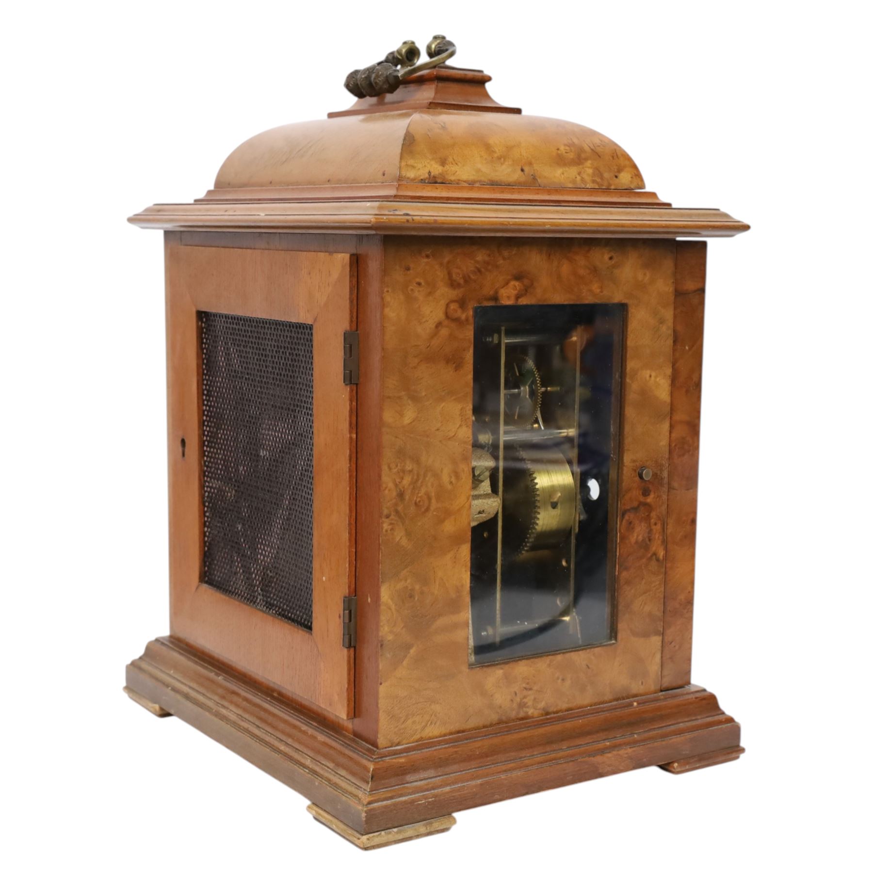  English burr walnut cased eight day chime bracket clock, with brass knopped carrying handle, with white chapter ring dial surrounded by four brass spandrels,  H30cm