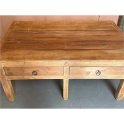 Large pine bakers table, early 20th century, the beech top above two drawers, all standing on ten square section supports, ideal for a kitchen island. H81cm, 182cm x 119cm.  - COLLECTION BY APPOINTMENT FROM: The White House, Thirsk Road, Easingwold, York, YO61 3NF - CALL 01723 507111 TO ARRANGE