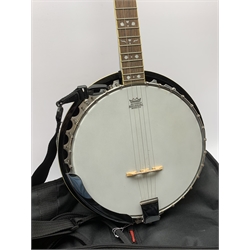 American/Korean Fender mahogany five-string banjo with mother-of-pearl inlaid rosewood finger board, serial no.KD03080778, L99cm, in TGI soft carrying case