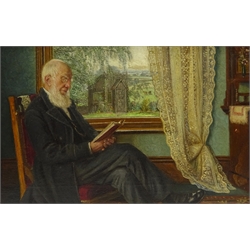  English School (19th/20th century): Elderly Gentleman Reading by a Window at Bubwith East Yorkshire, oil on canvas unsigned 27cm x 42cm Notes: the gentleman is believed to be Reginald William Halifax Smith (resident in 1913) of the Grange, Highfield, Bubwith farmer & breeder of Hackney & Shire horses  