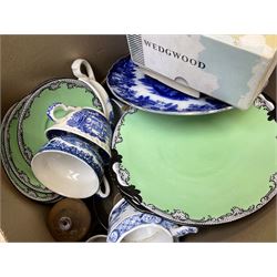 Royal Doulton part tea service with black lace pattern upon a green ground, together with Miles Mason teapot, and other ceramics, in three boxes