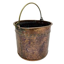 19th century riveted copper and brass mounted coal bucket of cylindrical form 