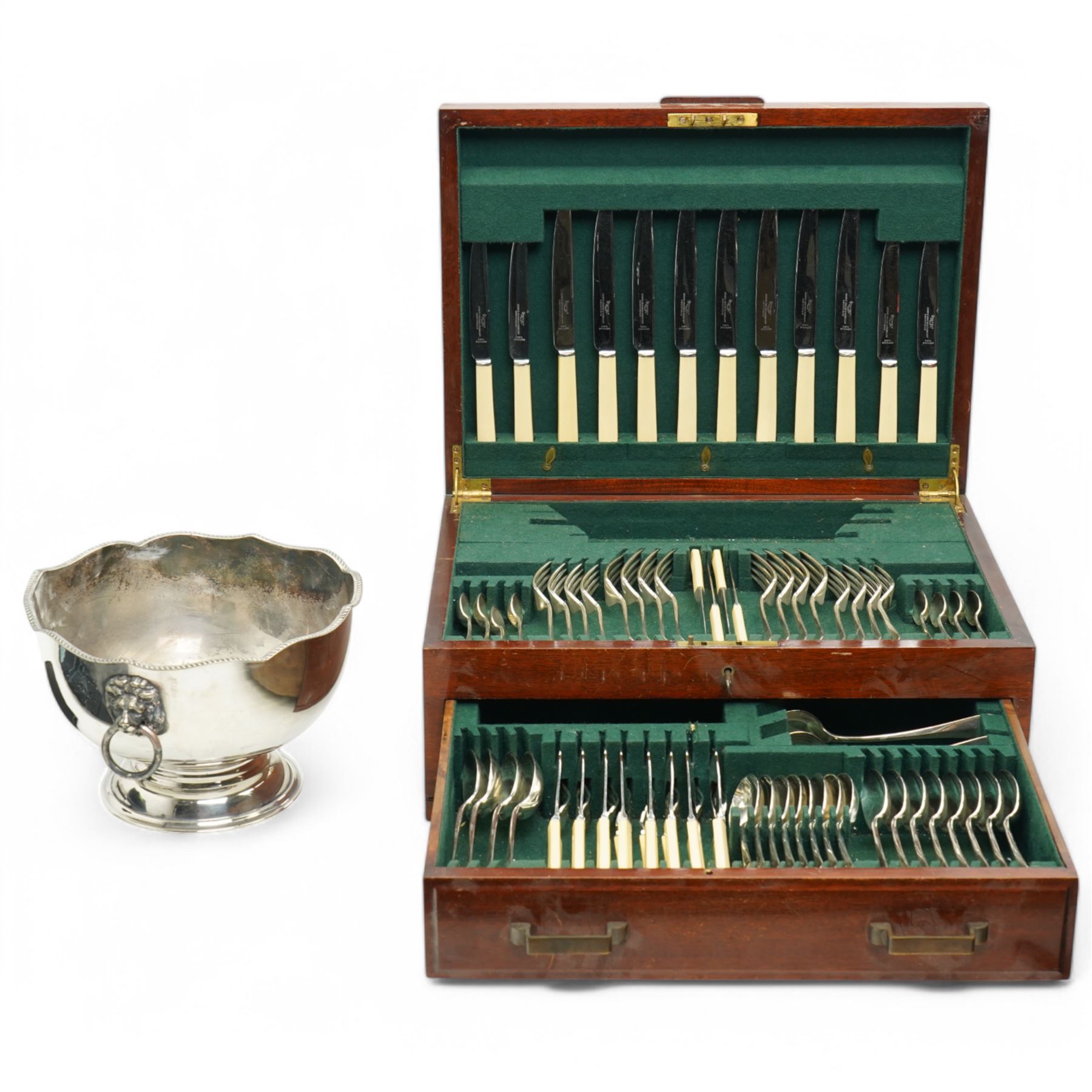James Dixon and Sons canteen of plated table cutlery for eight covers, including bone handle knives etc, in oak cutlery box with green baize lining, comprising twenty-four knives and twenty-four forks, two ladles, twenty-eight spoons of various sizes; and a plated punch bowl 