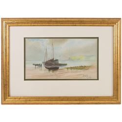 R Livingstone (English School 20th Century): Jockey on Horseback - potentially Lester Piggott, oil on wood panel signed; S Sparke (British 20th century): Roseberry Topping, pair of watercolours signed, one dated '84, and D W S (English School 20th Century): Boats Washed Up on the Beach, pair of watercolours signed with initials and dated '27, max 20cm x 45cm (5)