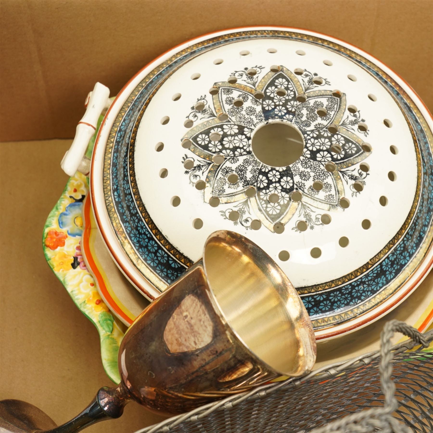 Royal Worcester Versailles pattern bowl, Copeland bowl, Crown Devon dish, silver plate etc, in one box