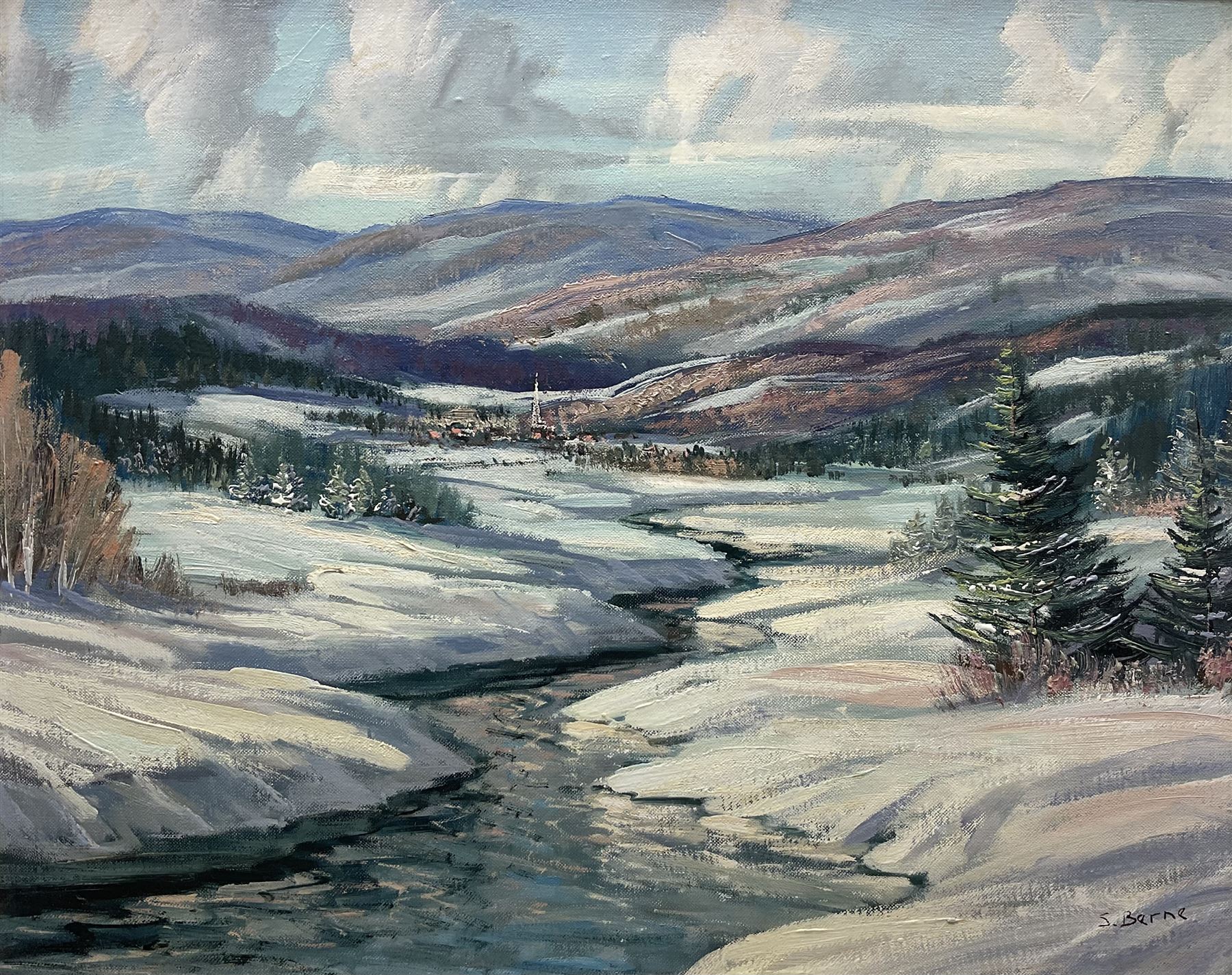 Sydney Berne (Canadian 1921-): 'La Rivière-du-Nord - Quebec' Winter Mountain Landscape, oil on board signed, inscribed verso 40cm x 50cm