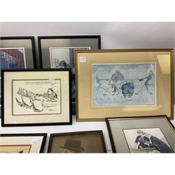 After Tony Kentuck set four courtroom cartoon prints, together with vintage reproduction of 19th Century advert, and further cartoons and prints (15)
