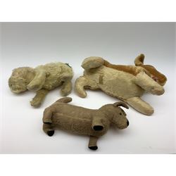 Three English dogs 1930s-60s including Deans Rag Book Co. Ltd. 'Childsplay' corgi in crouching position with two-tone body, glass type eyes and plastic nose with stitched mouth L18