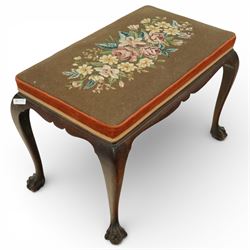 Georgian style mahogany dressing stool, rectangular upholstered top embroidered with a floral needlework panel within a velvet border and braid trim, moulded frieze, raised on cabriole legs terminating in large carved claw and ball feet
