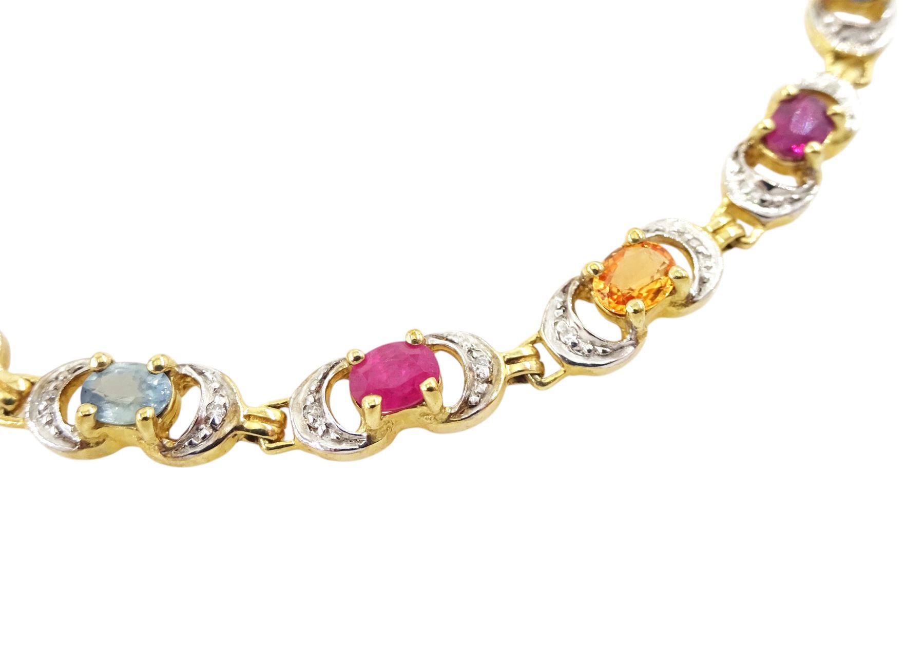 9ct gold fancy sapphire, ruby and diamond bracelet
