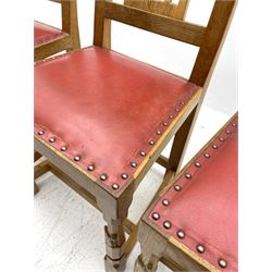 'Squirrelman' set eight oak chairs, carved and pierced lattice backs, red leather studded seat cushions, on octagonal supports joined by stretchers, by Wilf Hutchinson of Husthwaite
