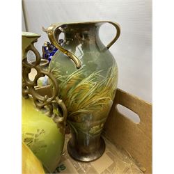 Continental hand painted vase, together with eight large Victorian vases, including some St Louis Artware examples and a pair painted with swans, tallest H50cm