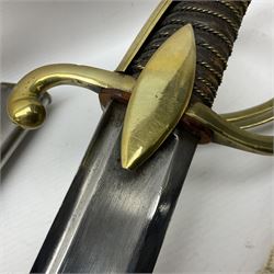 19th century French Chasseur a Cheval de la Guard trooper's sword with 86.5cm slightly curving fullered blade, brass three-bar hilt with elongated elliptical langets and wire-bound leather grip; in polished steel scabbard with two brass suspension rings L104cm overall