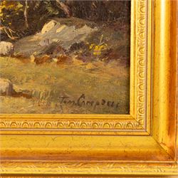 Tom Campbell (British 1865-1943): Hillside Landscape with Flowing River, oil on wood panel signed 24cm x 44cm