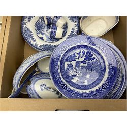 Large collection of blue and white ceramics, to include Spode Italian pattern with blue mark, Wood and Sons Yuan, pickle dish, Delft style etc, dinner plates, tea wares, bowls etc in six boxes