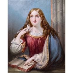 Siegfried Detlev Bendixen (German 1786-c1864): 'Faith' and 'Love', pair oils on panel faintly signed and one dated 1866, titled and inscribed verso 'Painted by S Bendixen 1866 and finished for the Countess of Tyrconnel at Kiplin March 1867', relating these to Kiplin Hall, near Richmond, and the Countess Sarah Carpenter (1799-1868), 27cm x 22cm (2)
Notes: Although the death of the artist is widely recorded as 1864, there is little information available regarding his time in England after moving to London in 1832, and the circumstances of his death are unknown. These portraits being dated 1866/1867 plausibly suggests that he died at a later date.