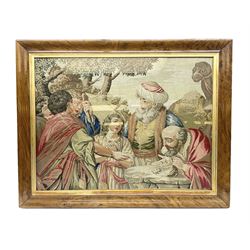 Victorian Berlin woolwork scene, depicting the biblical scene of Joseph being sold to the Midianites, in a walnut frame, H77cm, L96.5cm 