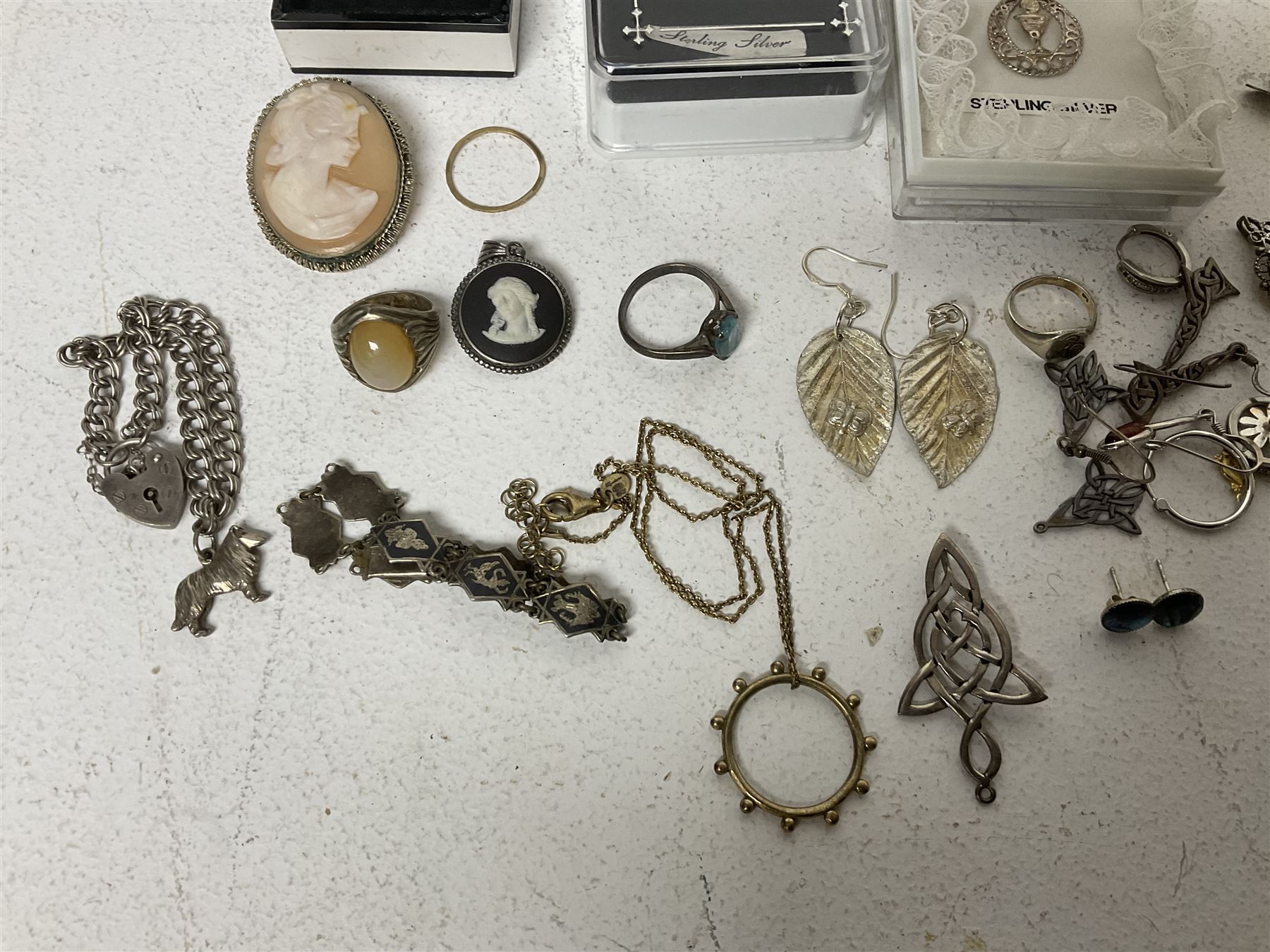 9ct gold band, silver jewellery including charm bracelet, rings, earrings, bracelet, necklaces, etc 