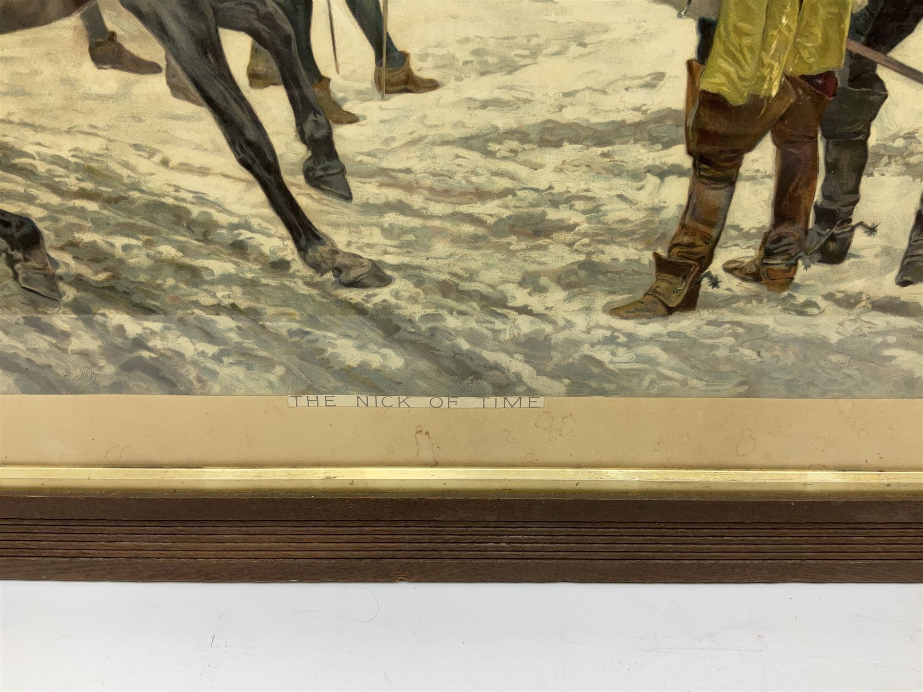 After Sir Joshua Reynolds (British 1723-1792): 'Lord Henry and Lady Charlotte Spencer', engraving with hand colouring pub. 1790; After Heywood Hardy (British 1843-1933): 'In the Lap of Luxury', engraving; After John Watson Nicol (British 1856-1926): 'An Immediate Settlement will Oblige', engraving; after Charles Staniland (British 1838-1916): 'Saved at Last', engraving; After Gaton Woodville: 'In the Nick of Time', colour print; after Victor Venner: 'The Mowbray Hunt Checked', colour print together with pair colour prints after Fred Elwell, a Chinese print, a mirror, further pictures etc, max 45cm x 68cm