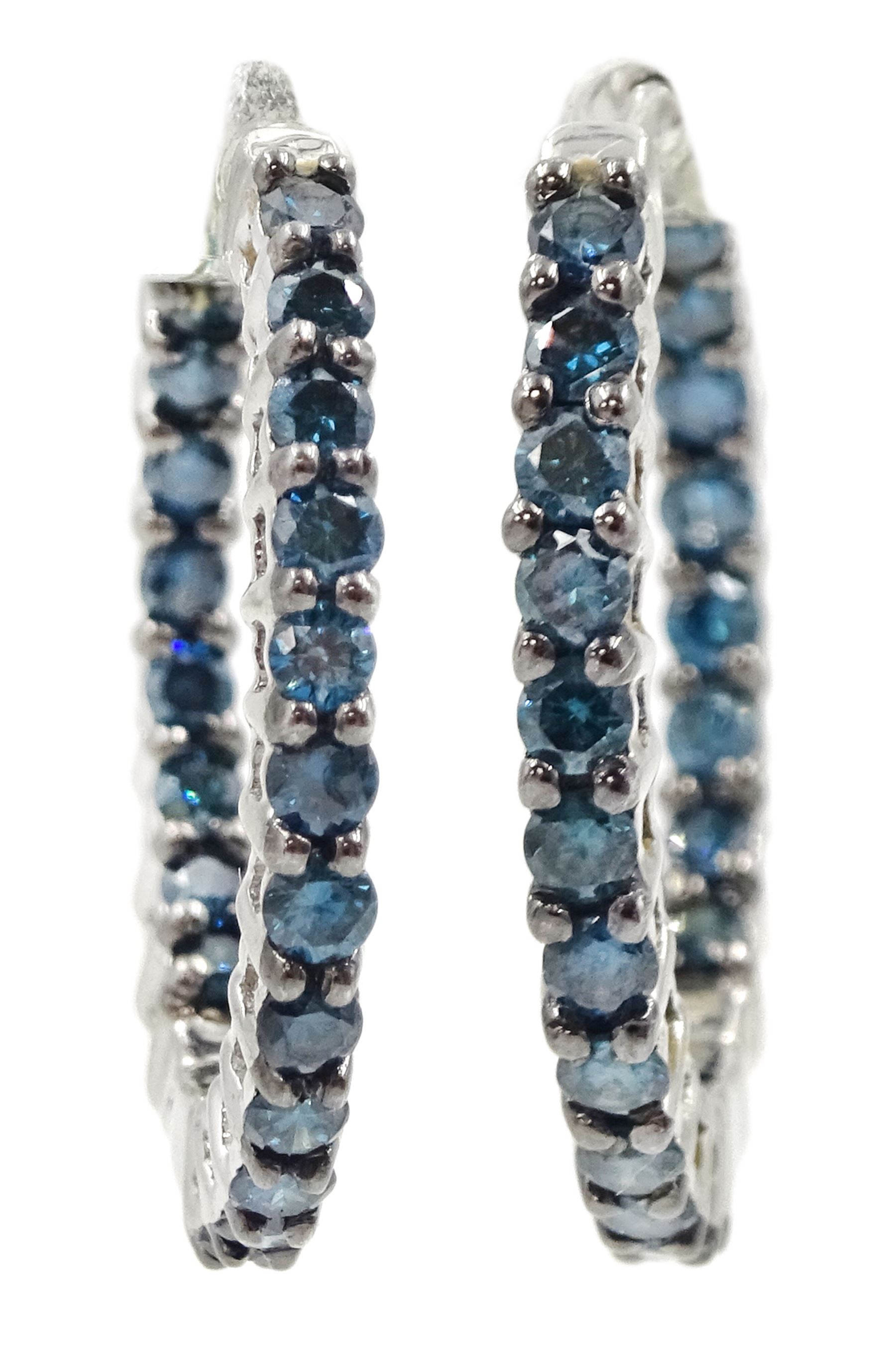 Pair of 9ct white gold blue diamond hoop earrings, hallmarked