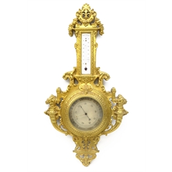  Unusual 19th century cast gilt metal cased wheel Barometer Holosterique, silvered dial marked HBNP, white enamel Centigrade Thermometre inscribed Dalfol & Cei. Paris, case pierced and cast with Cornucopia, scrolls &  strapwork, H71cm  