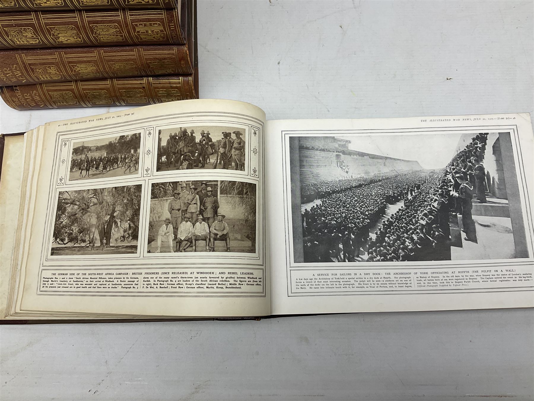 The Illustrated War News - Being a Pictorial Record of the Great War. Parts 1 -96 August 12th 1014 - June 7th 1916 uniformly bound in eight oblong quarto volumes with half-leather/gilt binding. Published by The Illustrated London News (8)