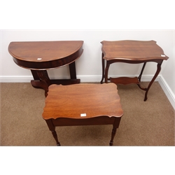  Victorian mahogany side table, acanthus carved cabriole support joined by an undertier (W91cm, H68cm, D44cm), a mahogany shaped window table and a mahogany side table (3)  