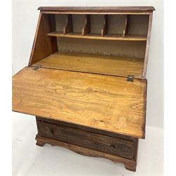 Hardwood bureau desk, single fall front enclosing fitted interior, four graduating drawers, shaped plinth base 