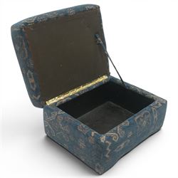 Edwardian design Knole-type drop-end two seat sofa, of traditional shape with hinged drop arms held by ropetwist tassels, upholstered in cobalt blue geometric patterned fabric, with loose seat and scatter cushions; together with matching ottoman footstool (W70cm D55cm H39cm)