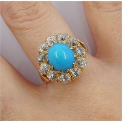 19th century gold turquoise and diamond cluster, later mounted as a ring, the central cabochon turquoise with eleven old cut diamond surround, total diamond weight approx 1.25 carat