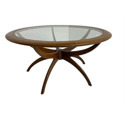 Victor B Wilkins for G-Plan - mid-20th century teak 'Astro' coffee table, circular top with glass inset top, raised on shaped X-frame base