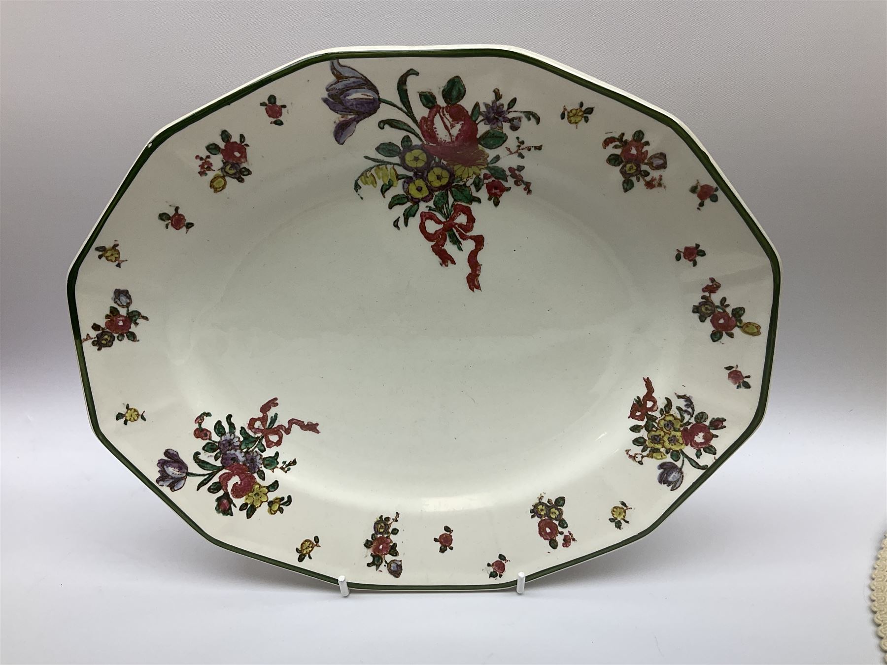 Royal Doulton part dinner service in Old Leeds Sprays pattern,  to include cheese dome, teapot and stand, egg cups etc, together with a selection of floral doilies.  