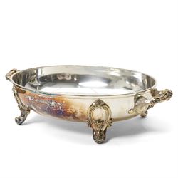 Pair of silver plated oval entree dishes and covers with bead edge and shell moulded borders and engraved covers and matching chafing dish by Martin Hall & Co and a plated meat cover