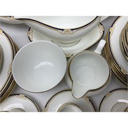 Wedgwood Cavendish pattern dinner service for twelve, comprising dinner plates, side plates, bowls, soup bowls, two tureens, saucer boat and sauce, together with matching part coffee service (82) 