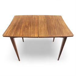 Richard Hornby for Fyne Ladye - mid-20th century afromosia teak dining table, tapered rectangular top with fluted edge and recess for spare leaf, raised on slender legs, four teak framed chairs, of ladder back design, with drop-in seat, upholstered seat, with tapered front legs and slightly raked rear legs,, table unextended width 106cm depth 79cm height 74cm with additional leaf 45cm wide- chairs width 48cm depth 41cm height 87cm 