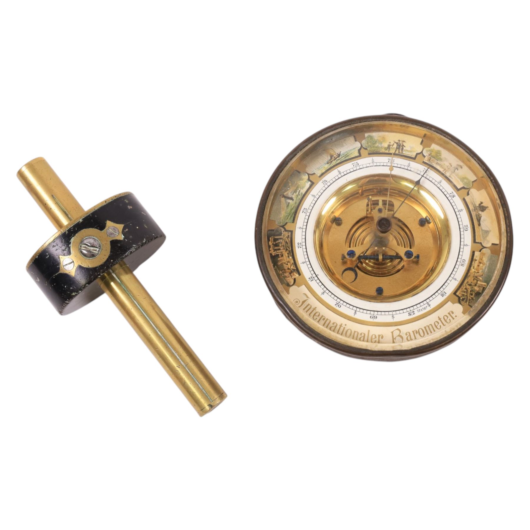 JP Cutts Sutton & Son telescope, two vesta cases, brass mortice gauge, barometer, etc