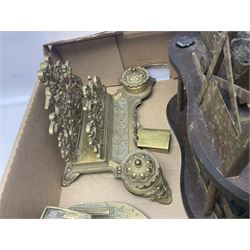 Ornate brass inkwell and letter rack, brass model of a coal mining scene, viking longship wall hanging, four wooden and brass spirit levels, and other brass, metal ware and collectables 