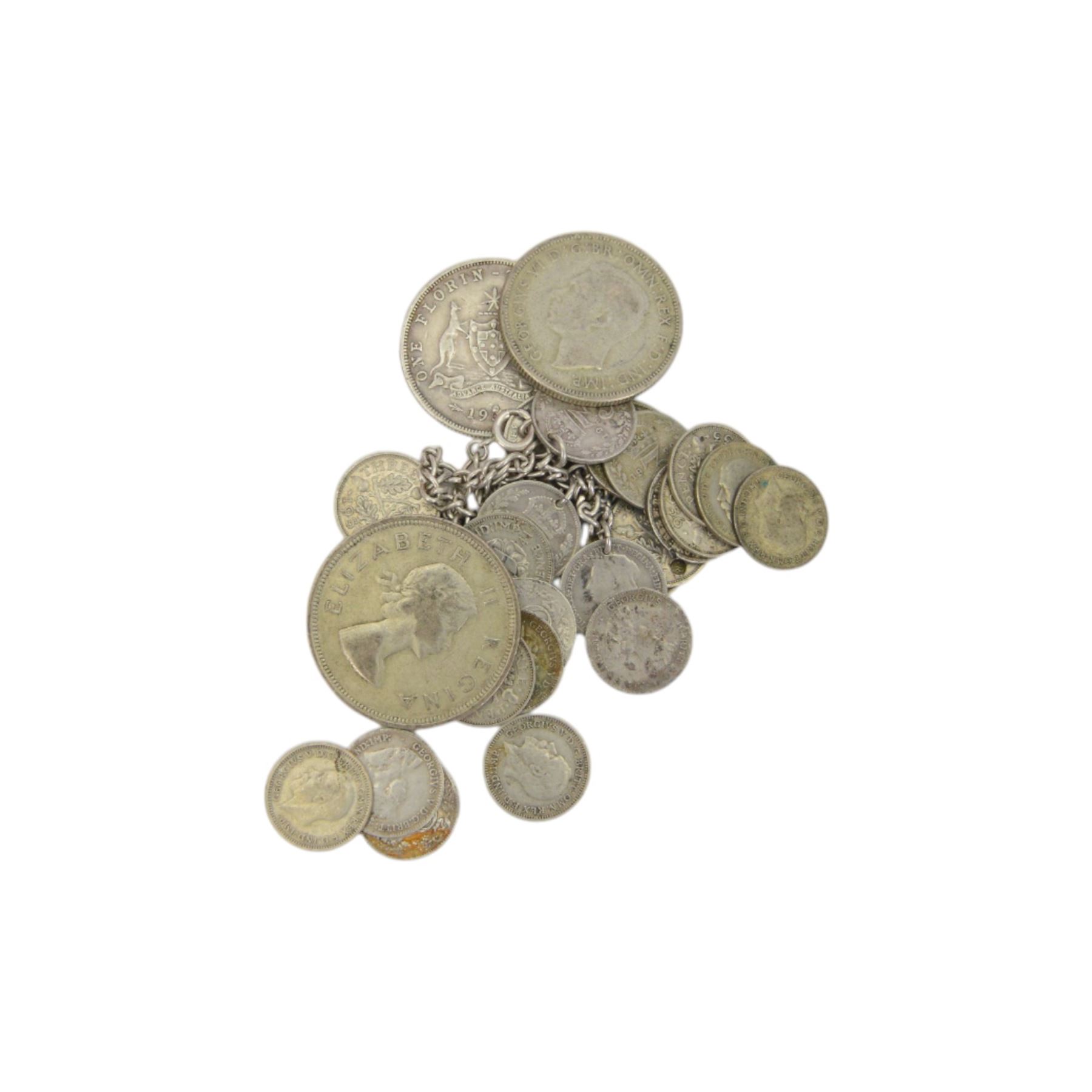 Approximately 170 grams of pre 1920 Great British silver coins, commemorative crowns, King George V Australia 1933 florin, Queen Elizabeth II South Africa 1955 two and a half shillings, pre-Euro coinage etc and various world stamps