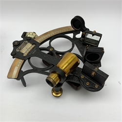 Mid-20th century Heath & Co Hezzanith sextant with black crackled framework and bakolite handle, the brass arc with silvered scale, endless tangent screw and rapid reader, no. P137, in original fitted mahogany box marked Cooke Hull to the paxolin lid, examination certificate dated 1945, various accessories, manuscript biographical note from original owner and other paperwork, box L28cm