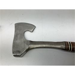 Estwing Black Eagle style double bit throwing axe with leather grip, virtually mint with labels present, plastic blade protectors and nylon sheath L43cm; another smaller Estwing axe stamped 24A to the pommel, with leather grip and sheath; and a vintage short handled hedge knife, the blade stamped IH (?) No.2 (3)
