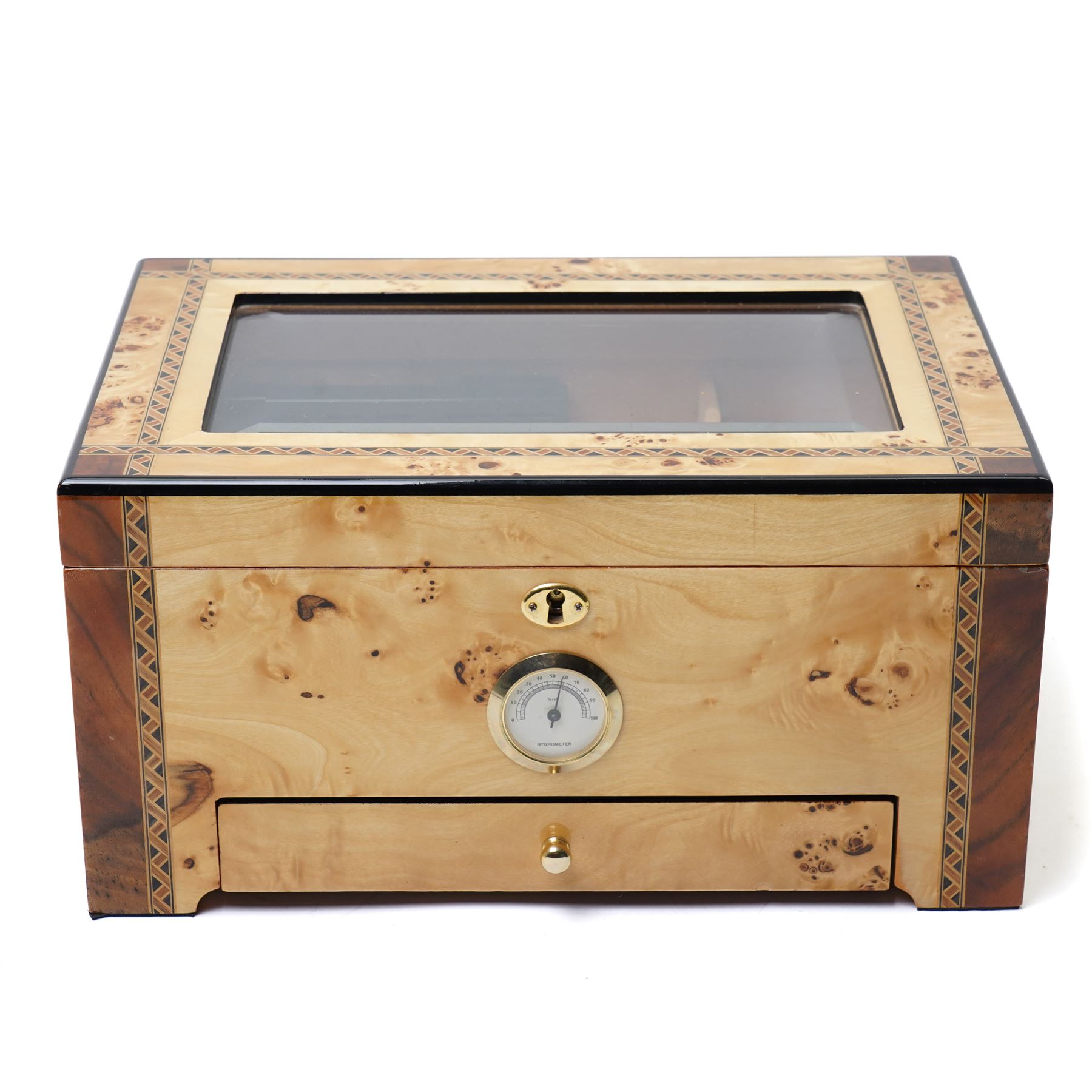 Modern burr wood  humidor, the hinged lid inset with a glass panel, recessed side handles and single drawer 35cm x 25cm x 18cm